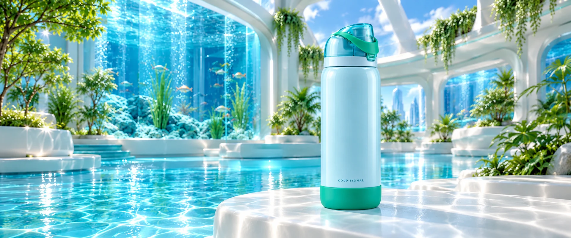Aquarium on a white plinth in a sunlit cyan and emerald aquatic atrium.