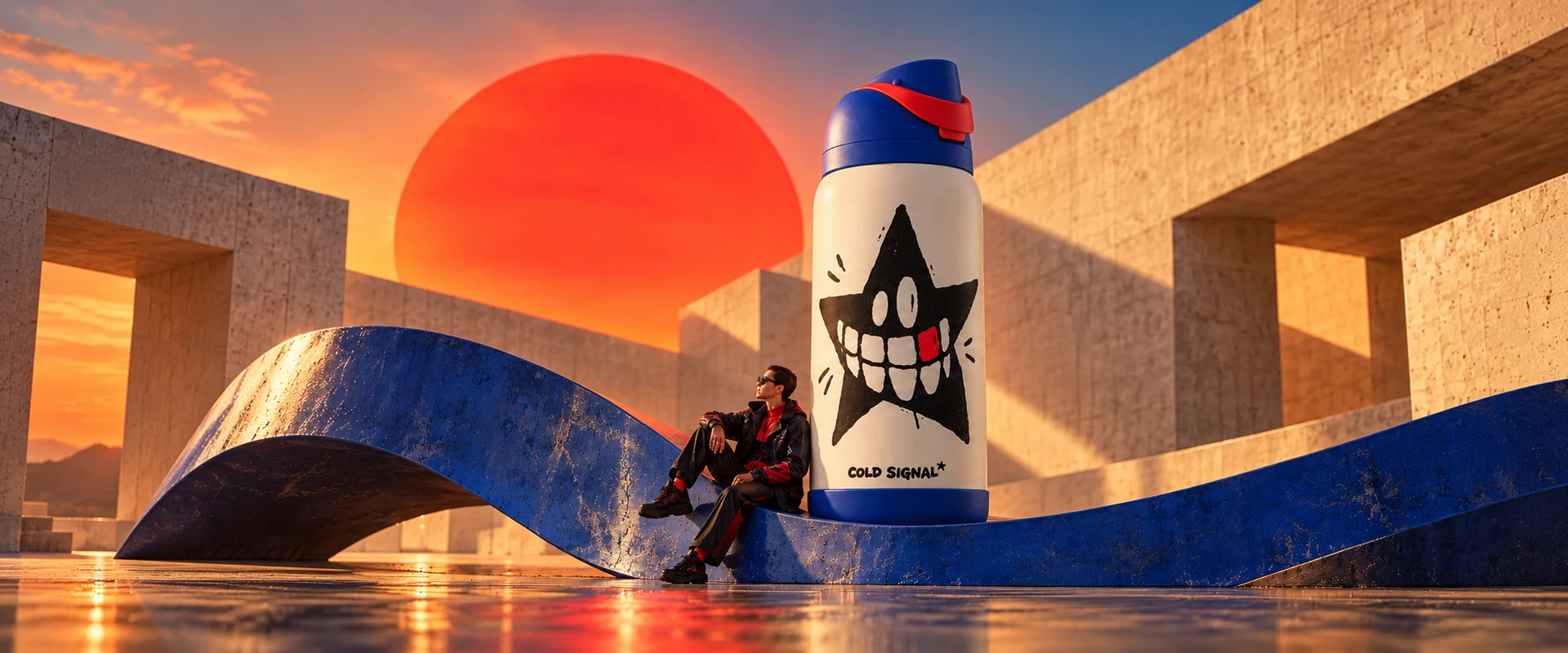 An oversized Starbite bottle and an adult model on a cobalt sculpture beneath an orange sun.